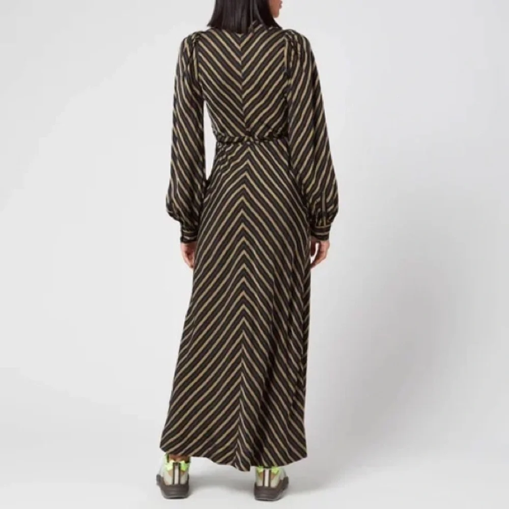 GANNI Striped Long Sleeve Wrap Maxi Dress Size EU 36/S/US 4 Black Gold - Picture 3 of 16